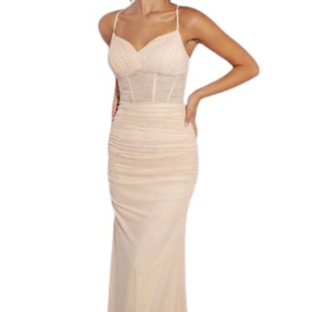 NWT Eureka Fashion 9077 Powder Mesh Prom Dress Champagne Size S